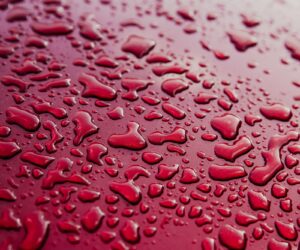 Water drops on clean red car. Abstract blur red background. Roof of car with wet surface
